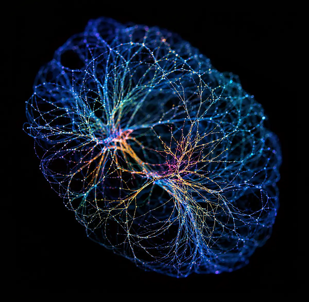 KI-generiertes Symboldbild: Neuronales Netz, farbige Illustration auf schwarzem Grund